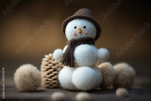 cute snowman figurine sitting on a rustic wooden tabletop. Generative AI