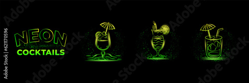Green Neon linear cocktails icons set on black background. Neon bar sign for beach party or summer vacation banner.