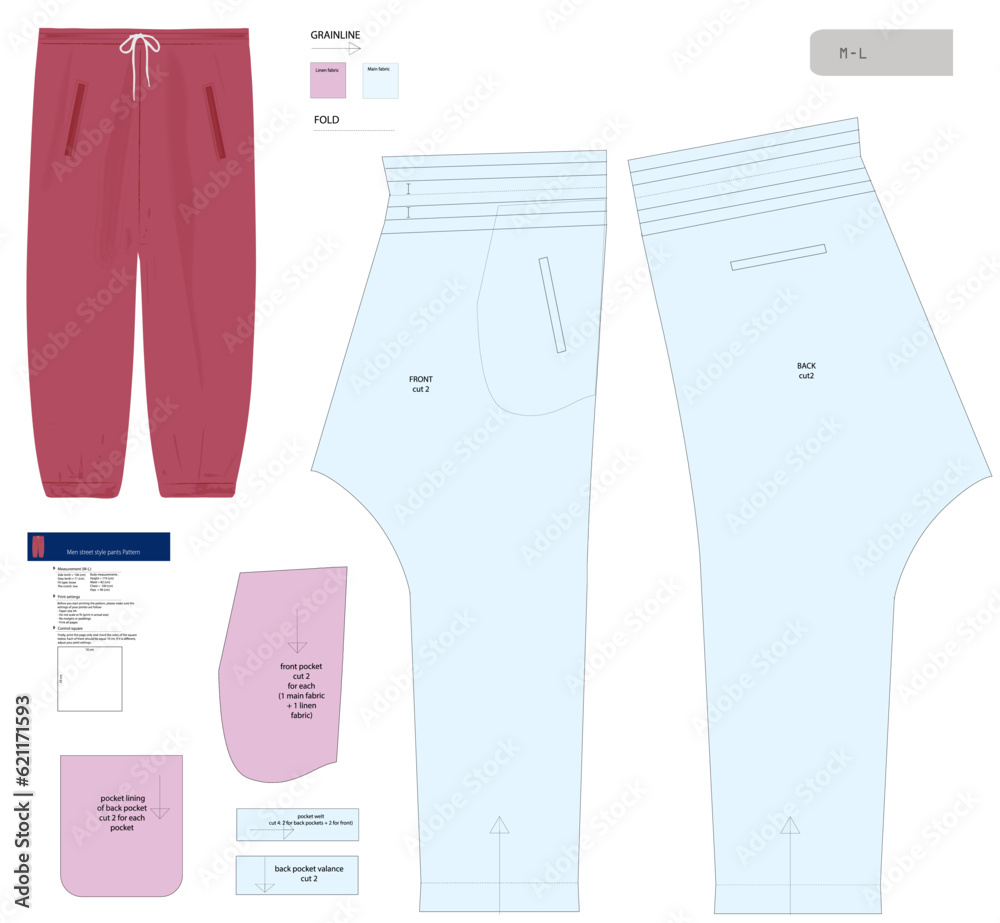 Stylish men's Street Style Pants with sporty pockets. Vector sewing pattern available in medium or large sizes. Features a loose fit, full length, and mid waist. Drawstring closure.