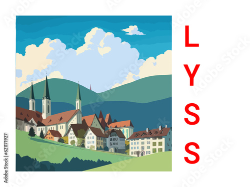 Lyss: Vintage artistic travel poster with a Swiss scenic panorama and the title Lyss