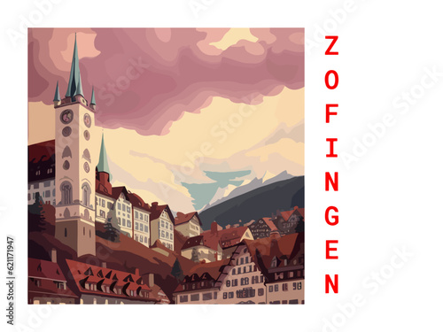 Zofingen: Vintage artistic travel poster with a Swiss scenic panorama and the title Zofingen photo