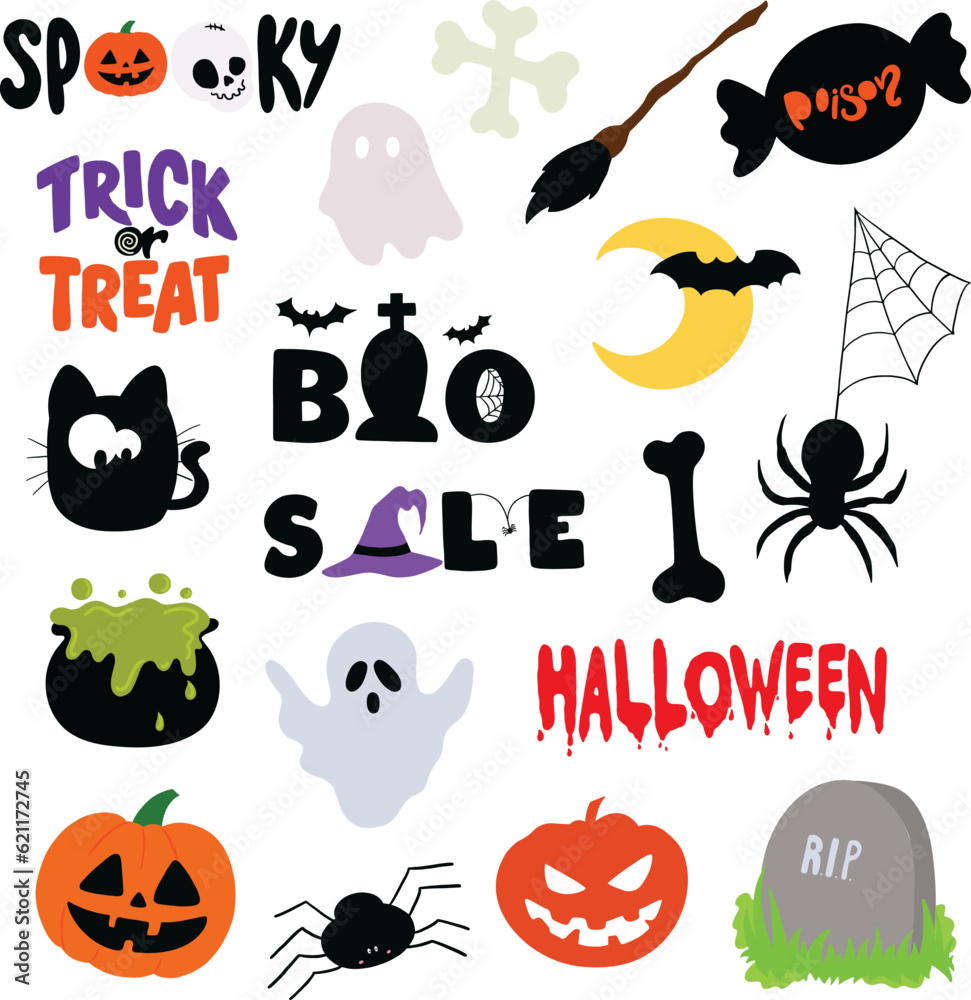 Fototapeta premium Hand drawn Halloween icons such as pumpkin, trick or treat, spider, bat, ghost, witch broom, skull, tombstone for cartoon character, stickers, campaign logo, decoration, cute patches, plush toy, ads