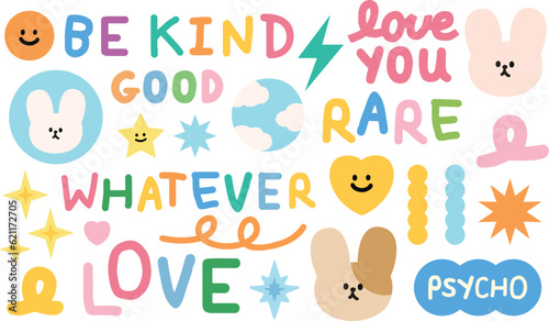 Illustrations of pastel bunny and wordings such as be kind, love you, whatever, rare, psycho for animals, easter, sticker, logo, icon, cartoon, character, decoration, font, typography, plush toy, doll