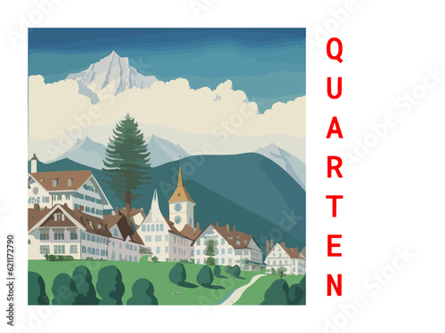 Quarten: Vintage artistic travel poster with a Swiss scenic panorama and the title Quarten photo