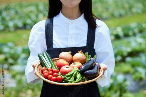 Fotografia 畑の前で採れたての野菜をもつ農家の女性
