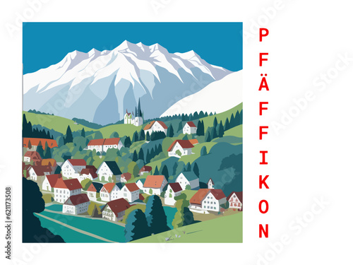Pfäffikon: Vintage artistic travel poster with a Swiss scenic panorama and the title Pfäffikon