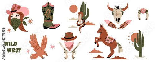 Wild west. Western elements. American cowgirl and cowboy portrait. Horse and snake, cactus in desert, rodeo boots, gun and cow scull. Contemporary art vector cartoon flat isolated set