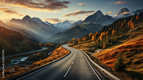 Mountain winding zig zag road. Top aerial view: cars driving on road from above. © Sasint