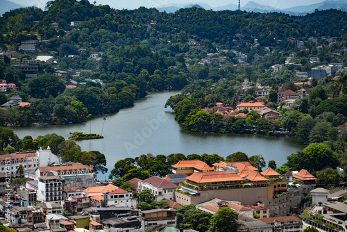 Panoramic view of Kandy, Sri lanka, with orange roof tops and winding river