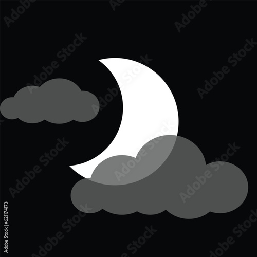 Illustration of a white moon with grey clouds on isolated black background. 