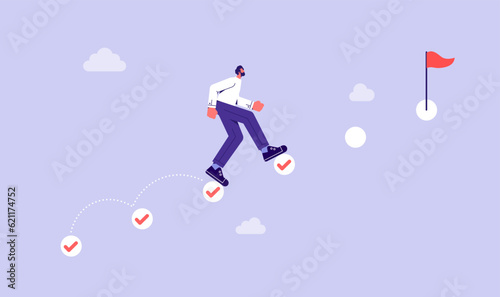 Project tracking, goal tracker, task completion or checklist to remind project progress concept, businessman running on completed checkbox to reach goal