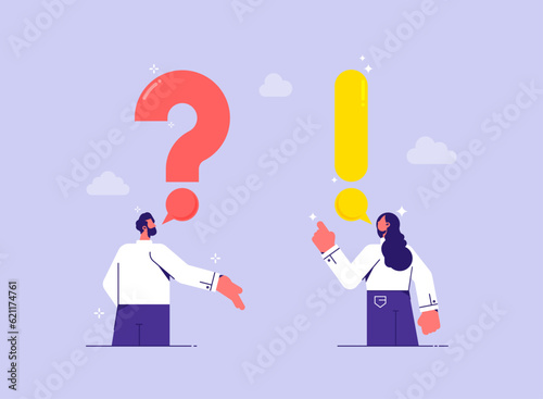 Ask questions and receive answers concept, man and woman with question mark and exclamation mark, answer for question
