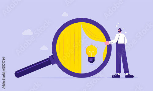 Explore business ideas or find solution concept, businessman using a magnifying glass checking a light bulb, validate business Idea, find a solution