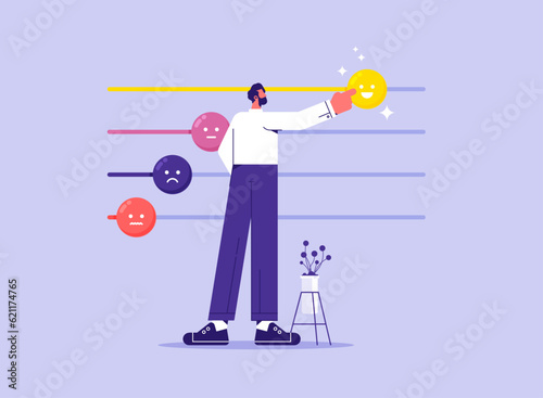 Control your emotions, control panel or slider bar for feeling or emotion, man moves slider bar emotions in direction of good mood
