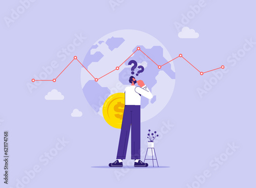 Where to invest, global invest to earn profit, financial choice or alternative to make decision concept, businessman investor holding money coin thinking about investment