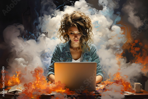 woman at work on laptop on fire due to burnout, created with generative ai	