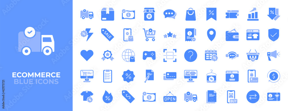 E-Commerce Icons set.  Shopping. Online shopping. Marketplace. Blue icons vector
