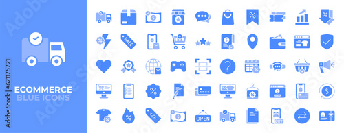 E-Commerce Icons set.  Shopping. Online shopping. Marketplace. Blue icons vector
