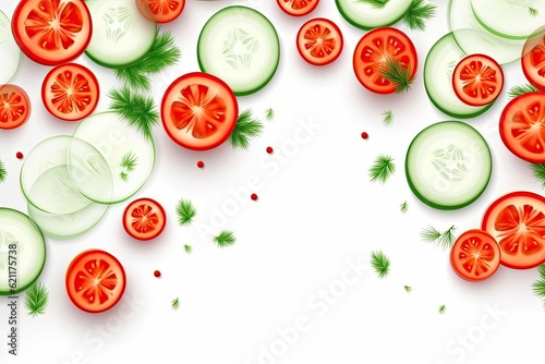 sliced cucumbers and tomatoes arranged on a white background. Generative AI