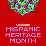 Celebrate hispanic heritage month text in pink with colourful floral design on red background