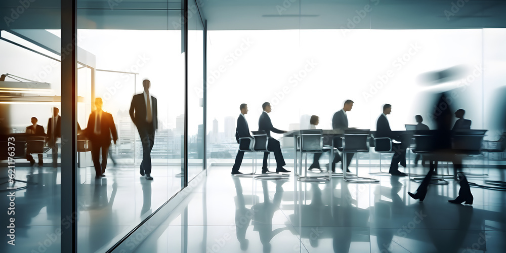 Time lapse image of busy business people on glass. AI generated