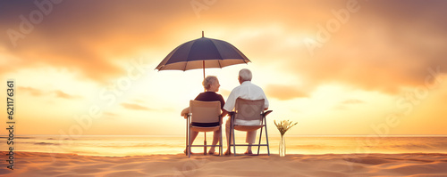 Elderly couple sitting at sunset beach. Concept of elderly love. AI generated