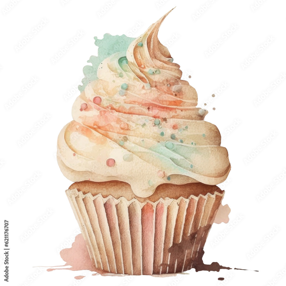 Cupcake dessert with cream, baking watercolor illustration isolated ...