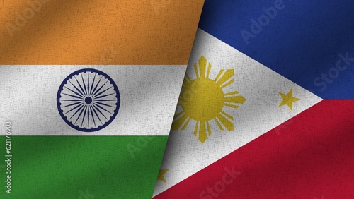 Philippines and India Realistic Two Flags Together, 3D Illustration