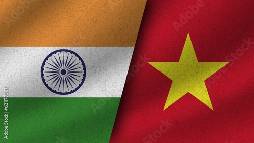 Vietnam and India Realistic Two Flags Together, 3D Illustration