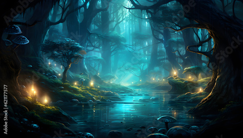 glowing blue fairy forest night landscape with fireflies