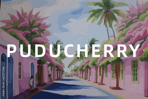 Beautiful watercolor painting of an Indian scene with the name Puducherry in Puducherry photo