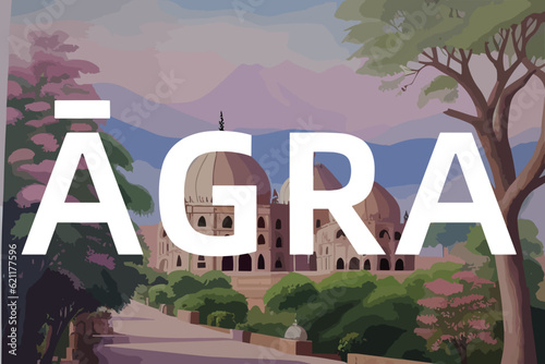 Beautiful watercolor painting of an Indian scene with the name Āgra in Uttar Pradesh