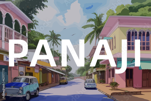Beautiful watercolor painting of an Indian scene with the name Panaji in Goa photo