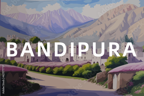 Beautiful watercolor painting of an Indian scene with the name Bandipura in Jammu and Kashmīr photo