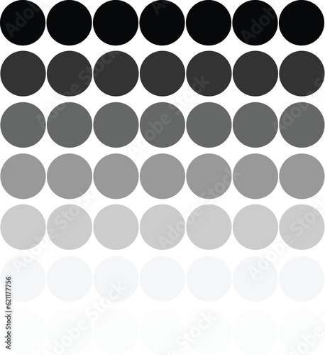 Illustration of fading black and white circles on isolated  white background.