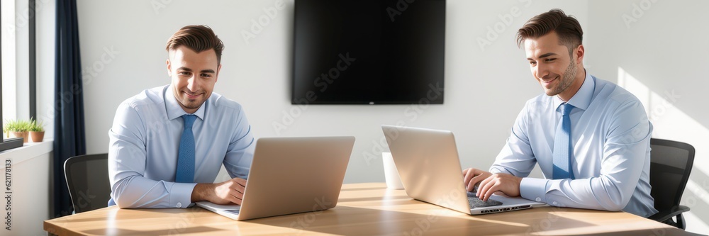 Two Smiling young middle age businessman sitting at modern office, typing on computer keyboard, sending emails to business partners, working on marketing research, copy space, banner. Generative AI Two Smiling young middle age businessman sitting at modern office, typing on computer keyboard, sending emails to business partners, working on marketing research, copy space, banner. Generative AI