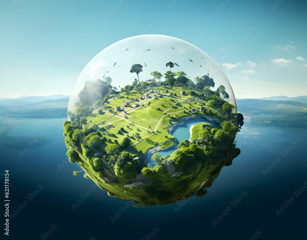 Fototapeta premium Planet style landscape globe with mountains and trees