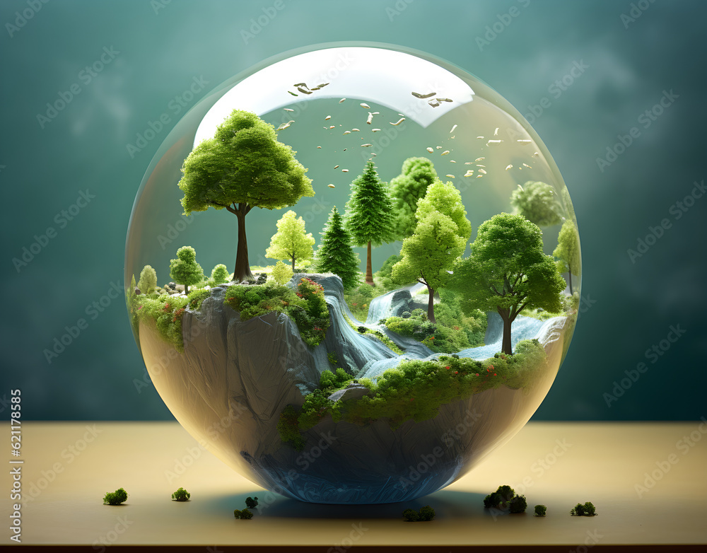 nature landscape with mountain and trees in a glass ball