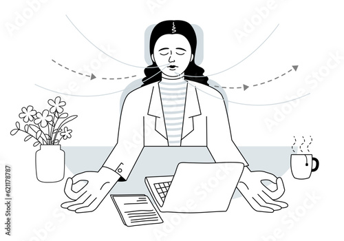 A woman do breathing yoga at her desk on work place, work and life balance concept. Outline vector illustration.	