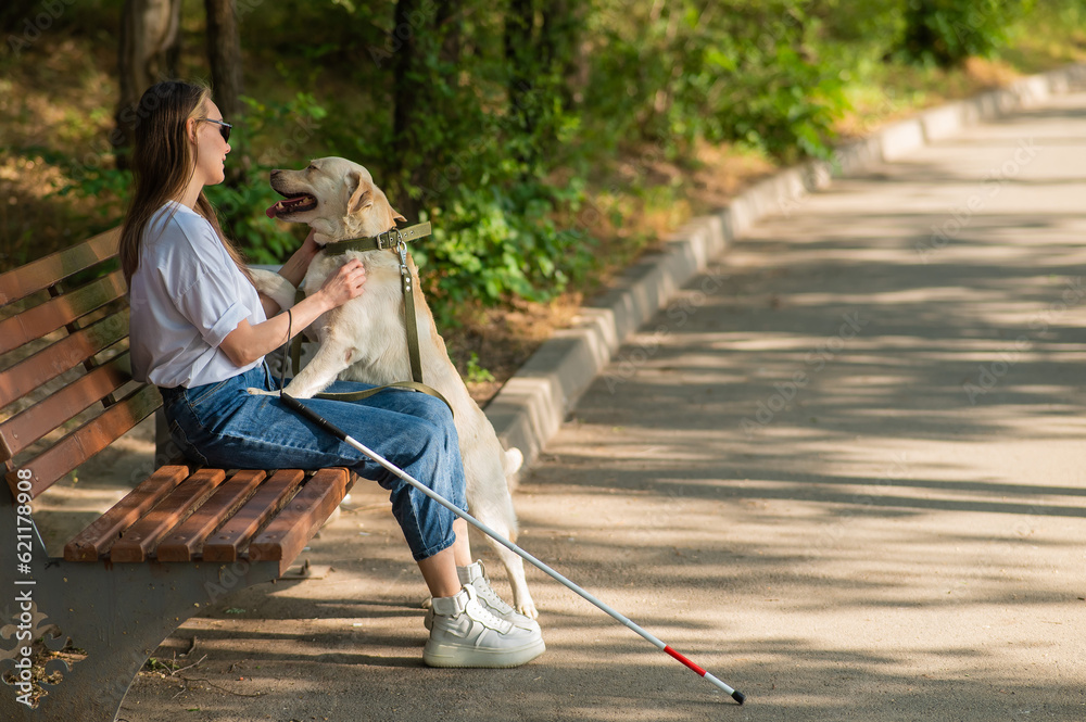 Obraz premium Blind young woman cuddling with guide dog while sitting on a bench.
