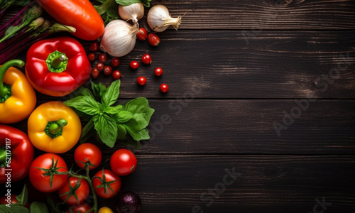 Italian healthy food. Vegetables. placed on the right side of the picture, on a black wooden background. From above. Copy space.