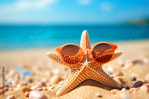 starfish in sunglasses on the beach and sea with few shells