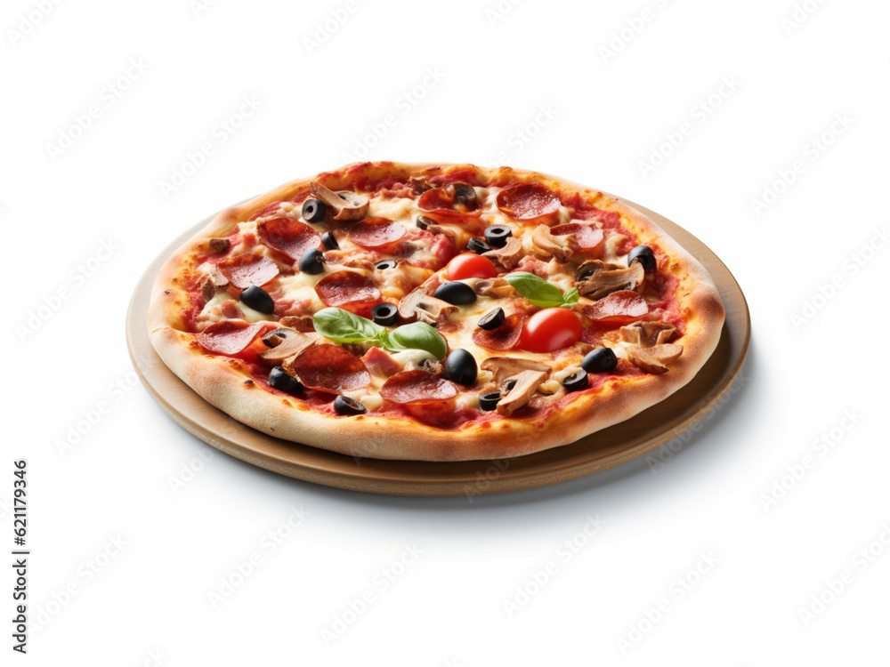Authentic Italian pizza prepared with tomato sauce, melted mozzarella cheese, olives and sausage. Perfectly baked and served warm, embodying the culinary charm of Italy.