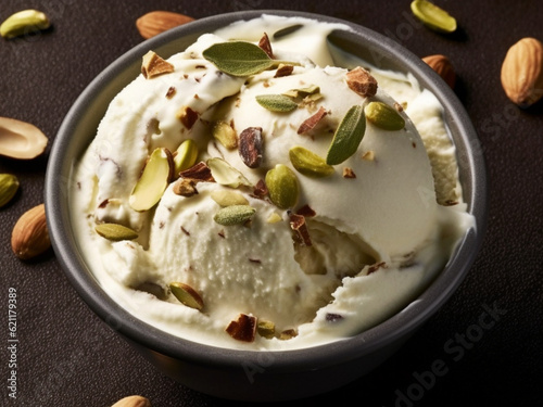Scoops of italian ice cream, pistachio, hazelnut and almond on dark background, selective focus, italian gelato, recipe ice cream, recipe menu background