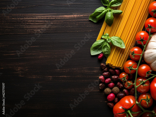 Italian healthy food. Vegetables. placed on the right side of the picture, on a black wooden background. From above. Copy space. 