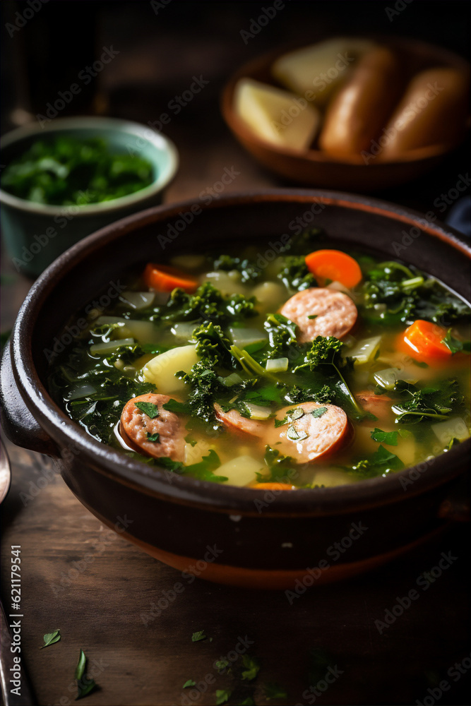 AI generative image of Caldo Verde served with shouricos - traditional portuguese soup AI generative image of Caldo Verde served with shouricos - traditional portuguese soup