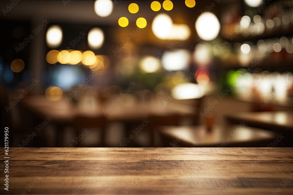 wooden table with bokeh lights in the background. Generative AI