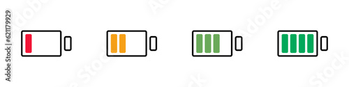 Flat design battery icon set by remaining charge level. Vector.