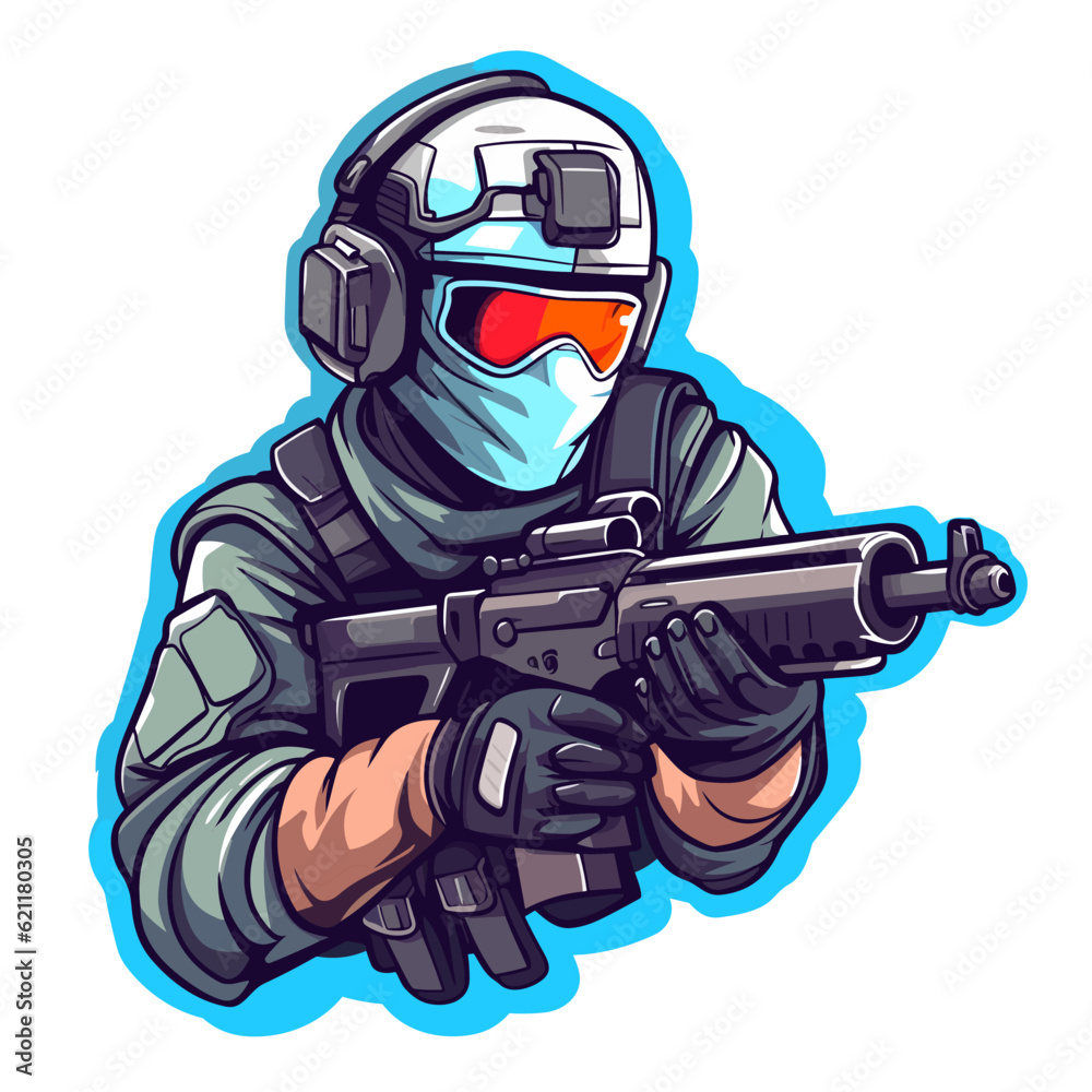 Paintball player in an outfit with weapons on a white background. Cartoon vector illustration.