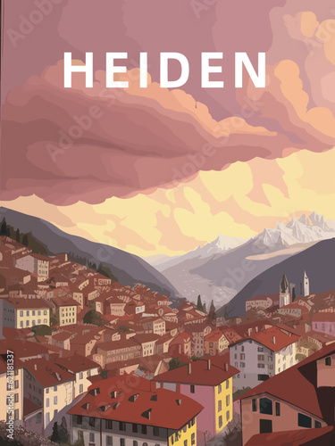 Heiden: Retro tourism poster with a Swiss landscape and the headline Heiden in Appenzell Ausserrhoden photo